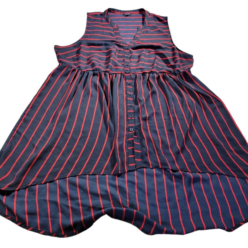 Torrid 2 Georgette Tunic Tank Womens Blue Red Striiped Button Up V Neck
